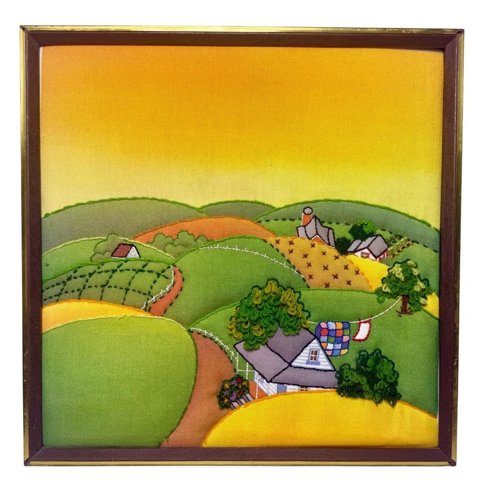 Sunset Designs Fabric Wall Art Set Crewel Embroidery Needlepoint Whimsy Vintage